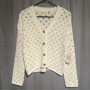 Hazel Moon Ivory White Cream Button-Up Open Knit Pattern Sweater Cardigan Jacket
